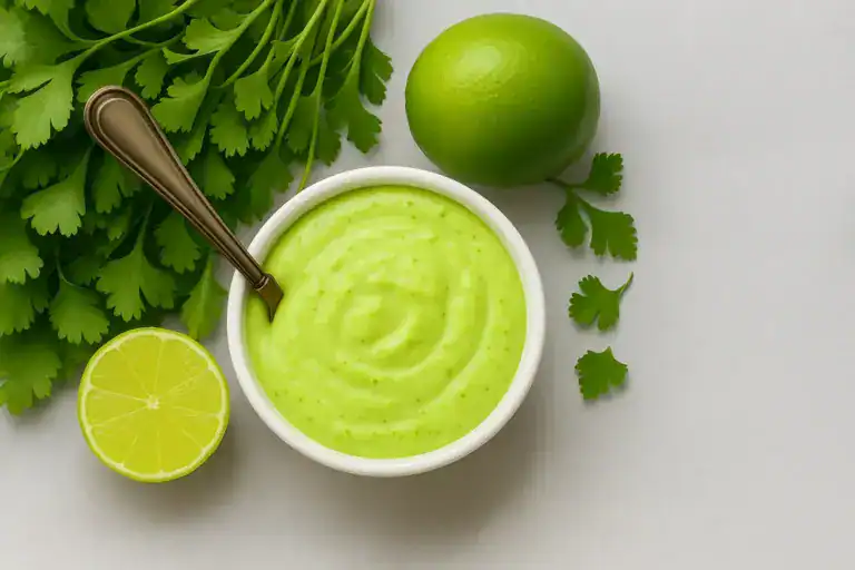 Molho verde de alho cremoso servido em tigela branca com limão e cheiro-verde ao fundo