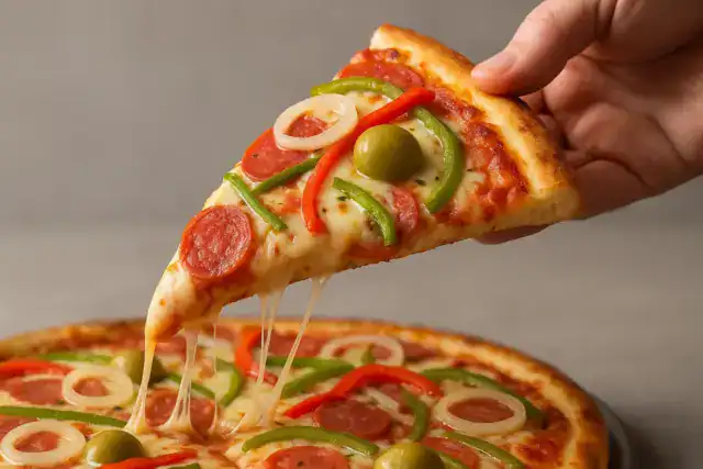Fatia de pizza caseira com queijo derretido, calabresa, pimentão, cebola e azeitona sendo servida.