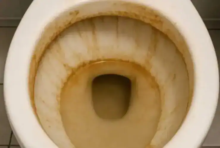 Vaso sanitário com acúmulo de calcário, ilustrando dicas de limpeza profissional para remover manchas no banheiro