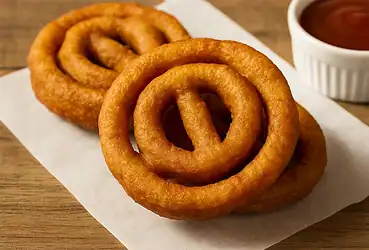 Roda de carreta frita crocante servida em prato branco, receita de comida de rua brasileira