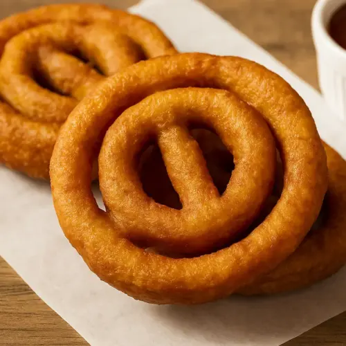 Roda de carreta frita crocante servida em prato branco, receita de comida de rua brasileira