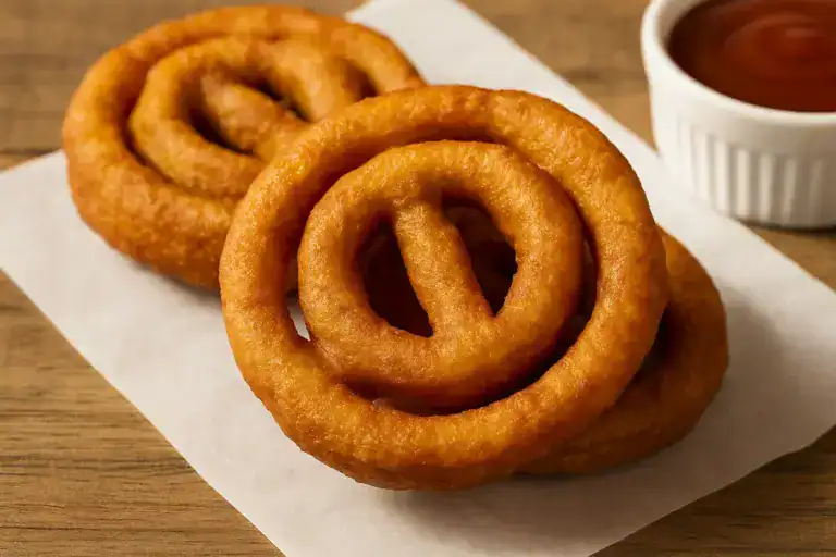 Roda de carreta frita crocante servida em prato branco, receita de comida de rua brasileira