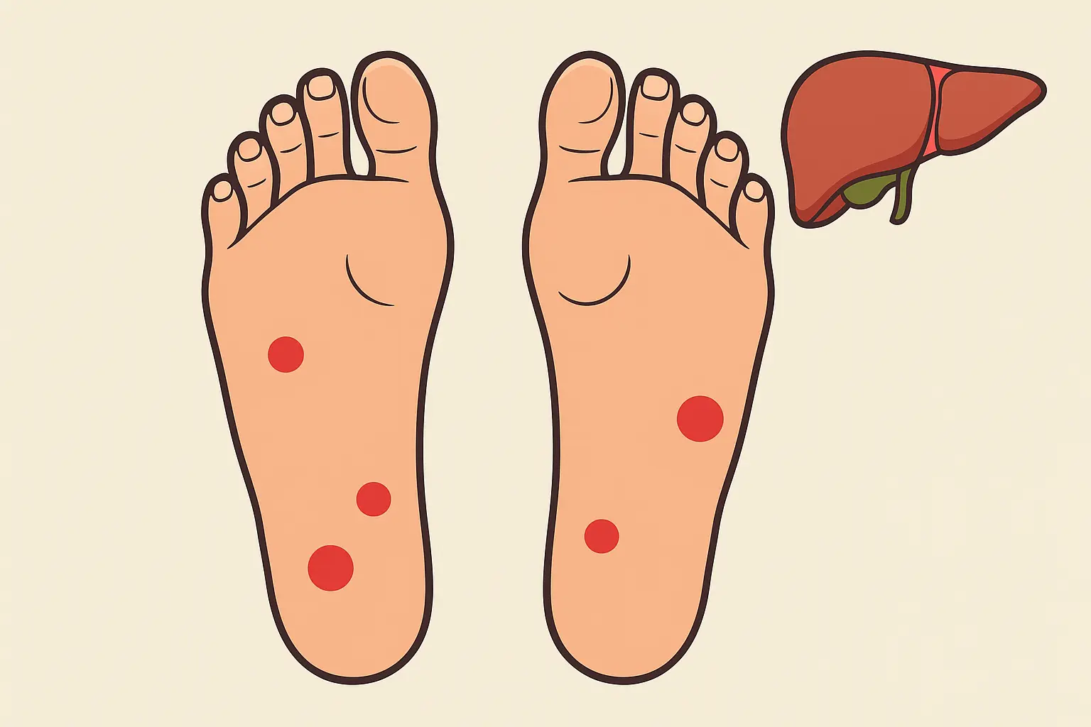 Ilustração dos pés com manchas vermelhas que indicam sinais de possíveis problemas no fígado, com ícone de fígado no canto superior direito.