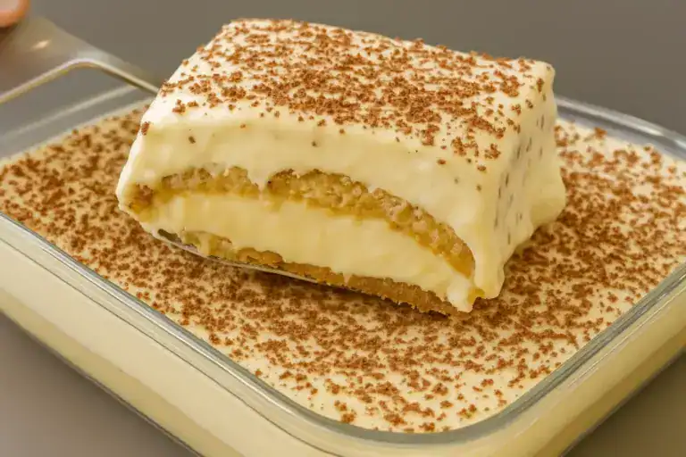 Fatias de sobremesa Manadinha-Doce com camadas de bolacha e creme de limão polvilhadas com raspas de chocolate