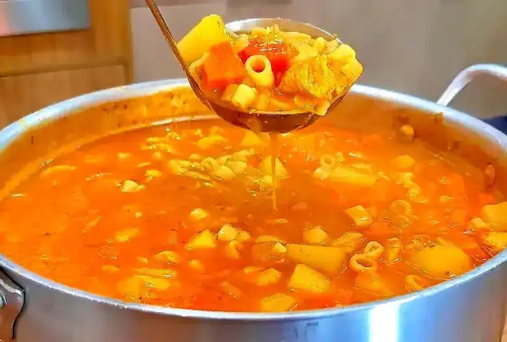 Sopa de macarrão com frango e legumes servida quente em prato fundo