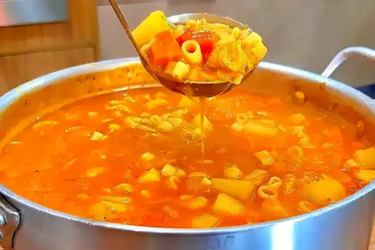 Sopa de macarrão com frango e legumes servida quente em prato fundo