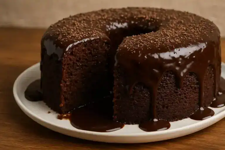 Bolo de chocolate molhadinho com calda brilhante em fatias