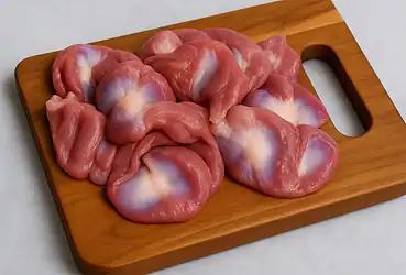 Corações de frango crus dispostos em uma tábua de madeira sobre bancada de mármore, prontos para preparo culinário