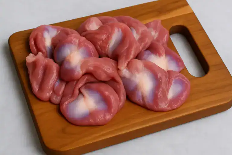 Corações de frango crus dispostos em uma tábua de madeira sobre bancada de mármore, prontos para preparo culinário