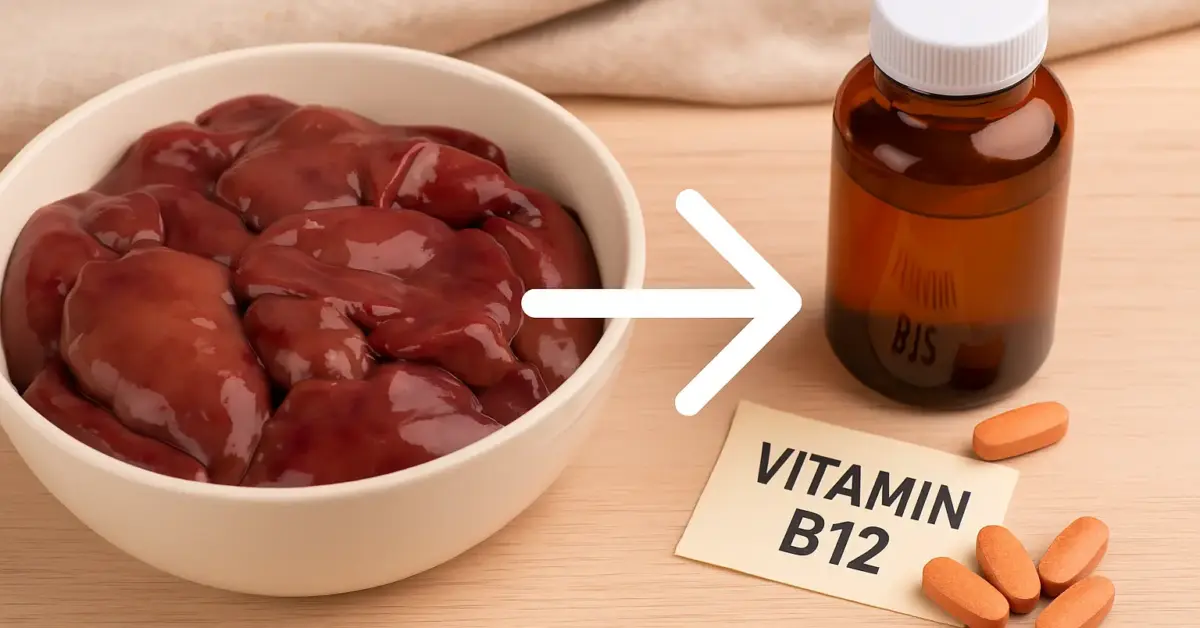 Fígado de galinha cru em tigela branca ao lado de suplemento de vitamina B12, com seta indicando equivalência nutricional