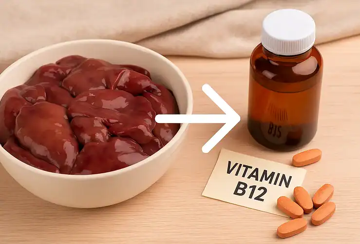Fígado de galinha cru em tigela branca ao lado de suplemento de vitamina B12, com seta indicando equivalência nutricional
