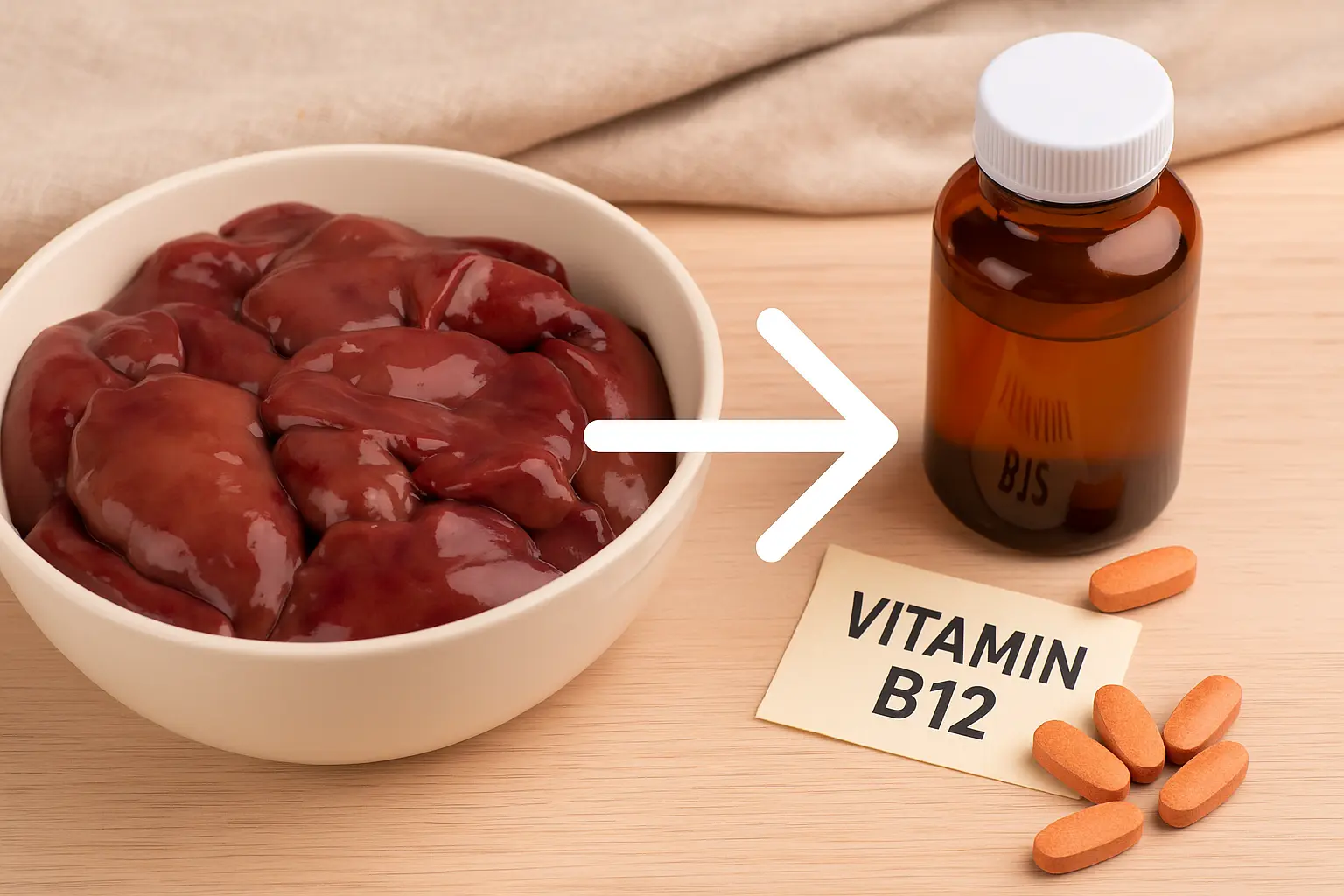 Fígado de galinha cru em tigela branca ao lado de suplemento de vitamina B12, com seta indicando equivalência nutricional