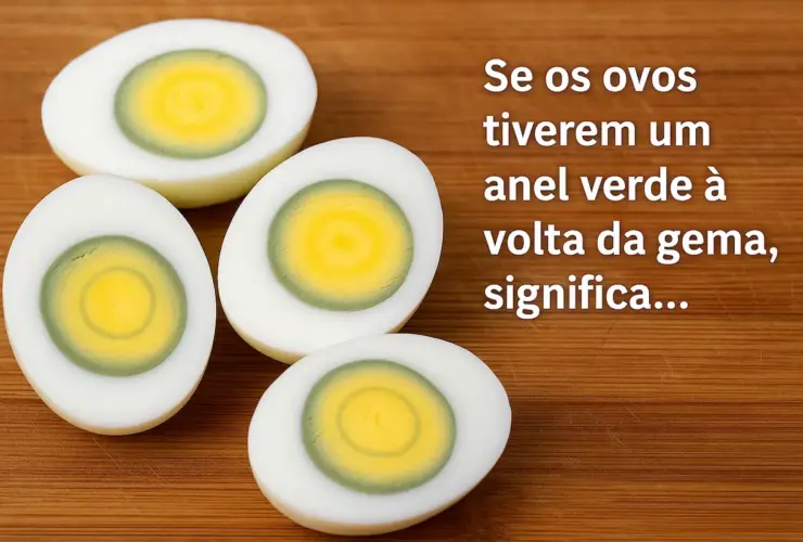 Ovos cozidos cortados ao meio mostrando a gema amarela com anel verde ao redor, indicando reação química comum no cozimento.
