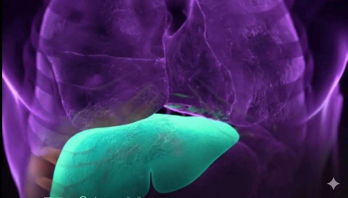 Infográfico médico mostrando o fígado humano saudável