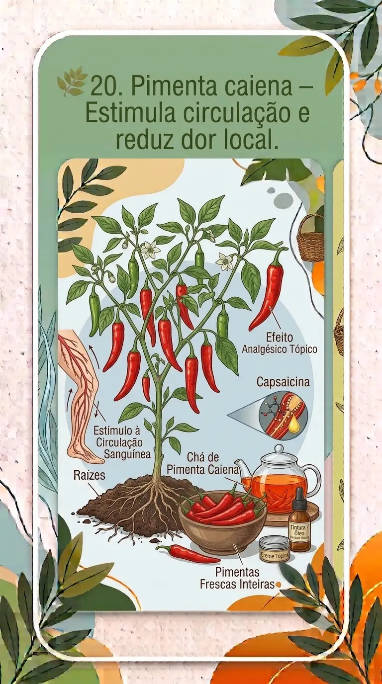 🌿 Pimenta caiena – Estimula circulação e reduz dor local.