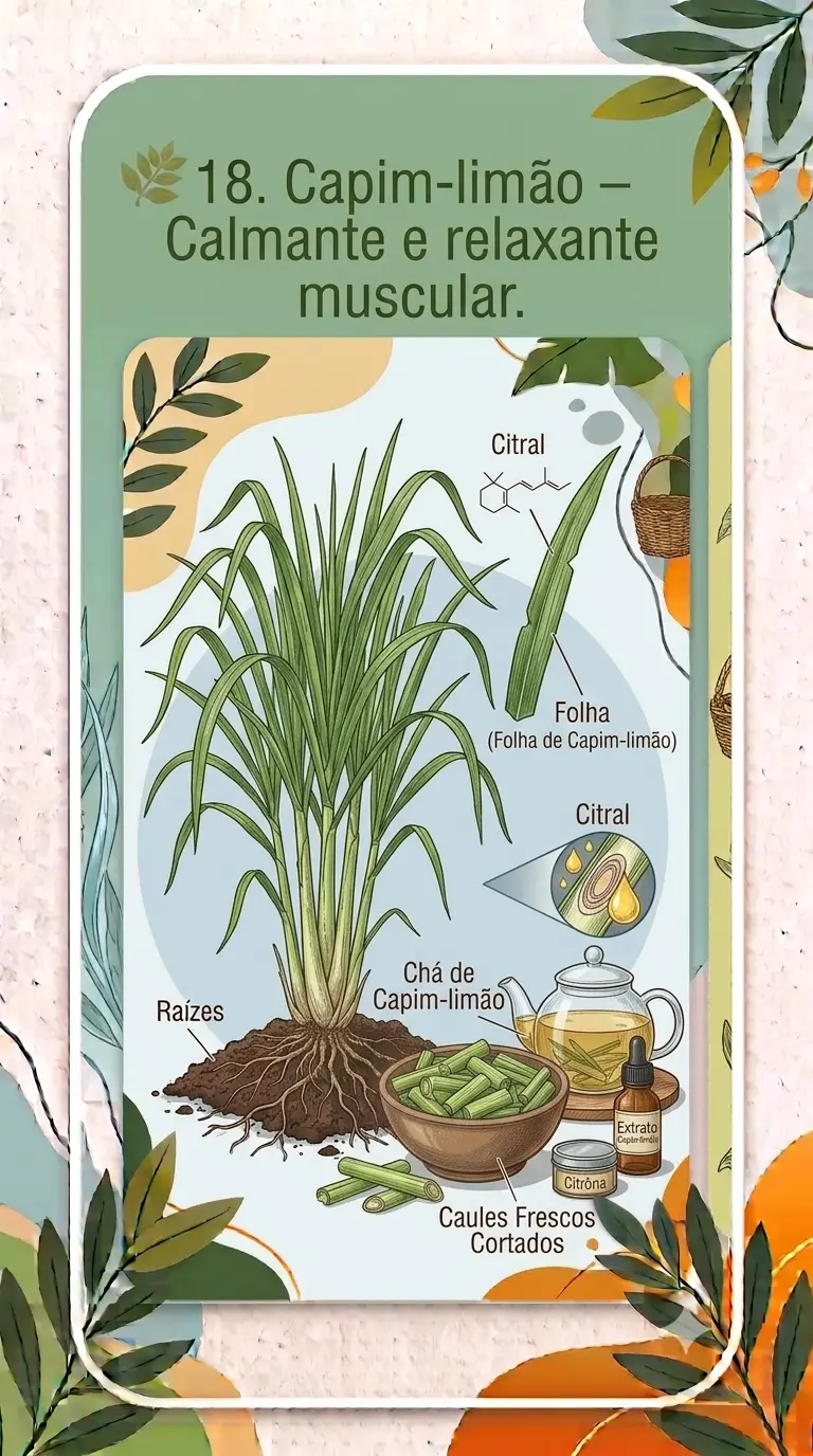 🌿 Capim-limão – Calmante e relaxante muscular.