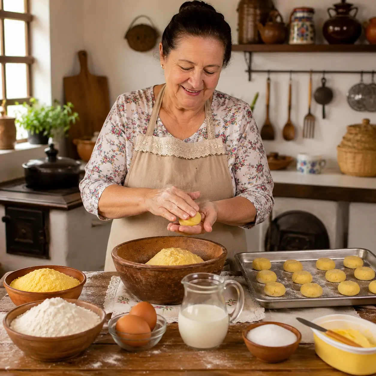 Receita Fácil de Broa de Fubá senhora preparando