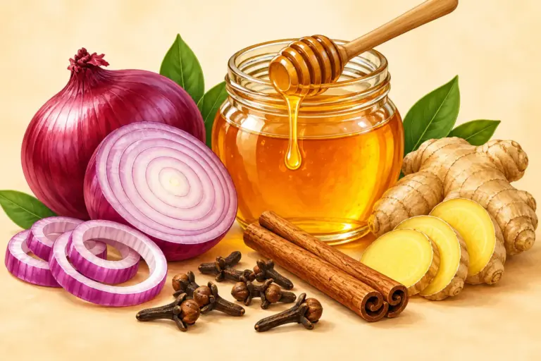 Receita caseira com mel, cebola roxa, cravo, canela e gengibre