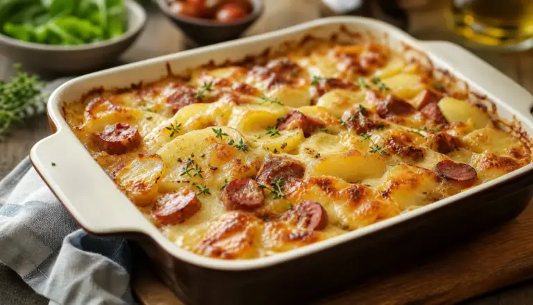 Batata gratinada com linguiça e queijo vira opção prática para o almoço