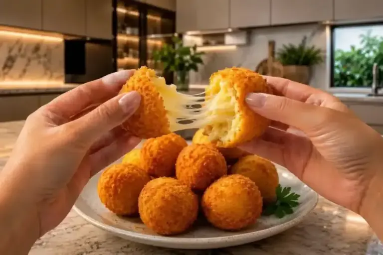 Bolinha de queijo sem massa fica crocante por fora e cremosa por dentro