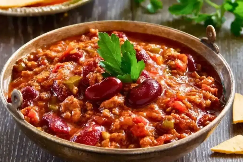 Comida mexicana com feijão chilli leva carne moída, pimenta e coentro - Imagem 1